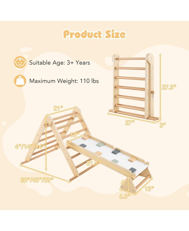 Ages 3+ 3-in-1 Pikler Triangle Adjustable Foldable Climbing Set, 3-Piece Set