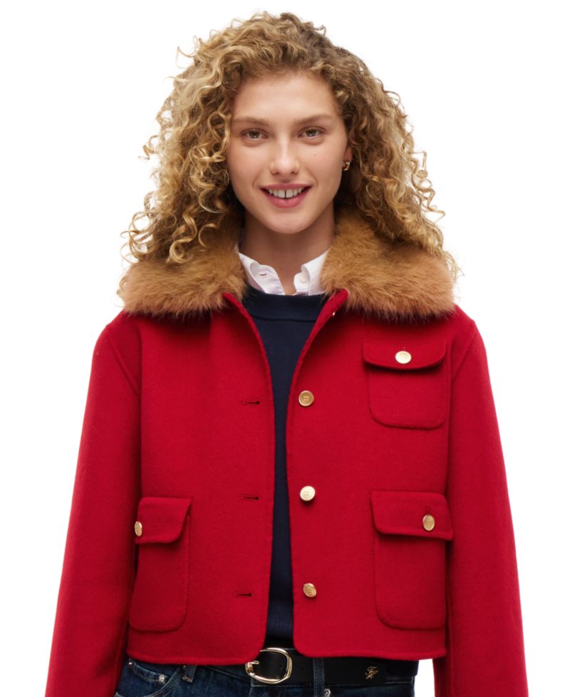 Women's Wool-Blend Cropped Jacket with Faux Fur