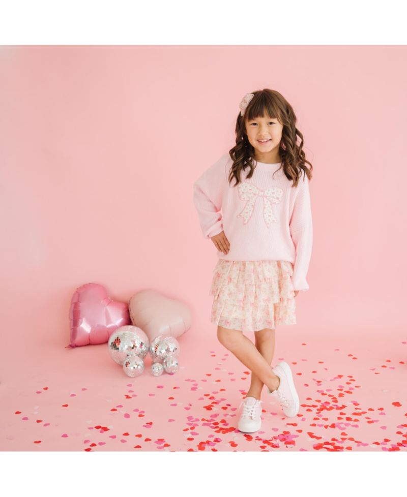 Little Girls Ditsy Floral Bow Knit Sweater