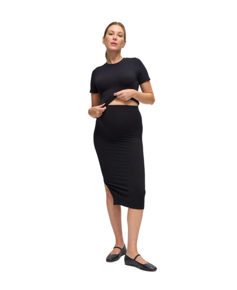 Maternity Ingrid + Isabel Seamless Rib Short Sleeve Top & Skirt Set.