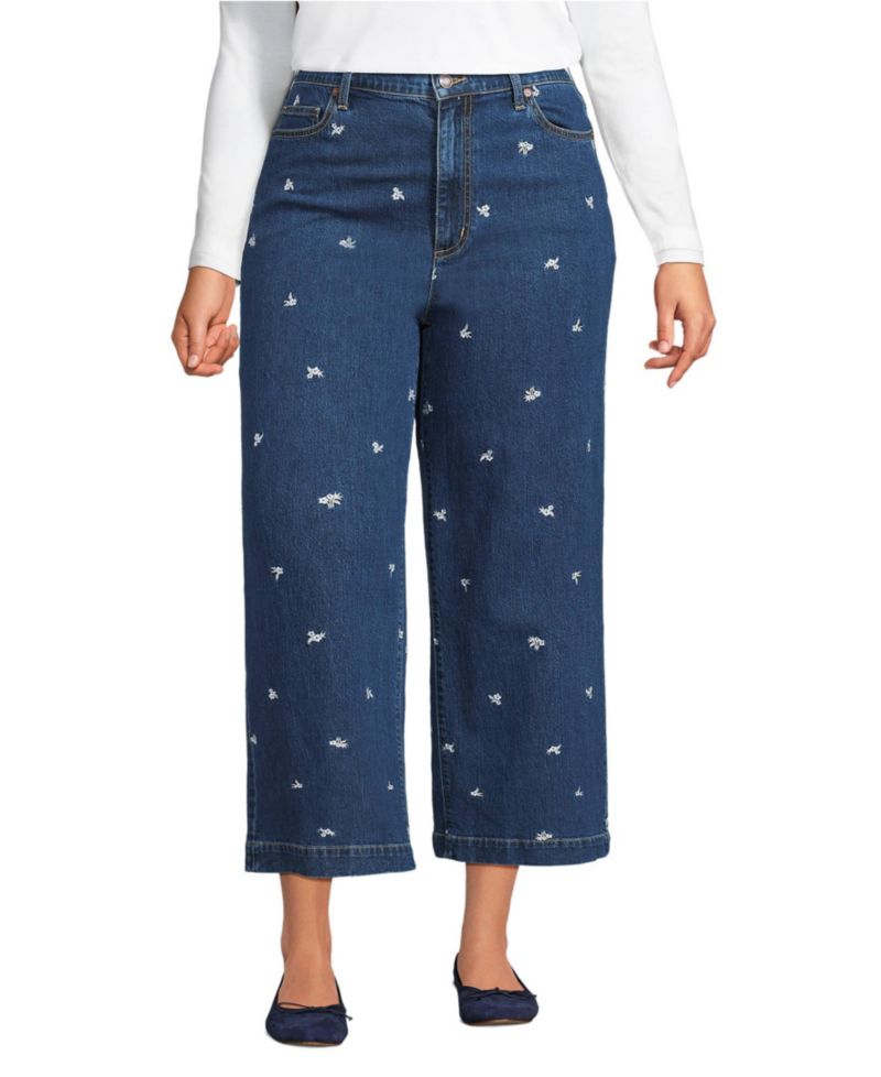 Women's Soft Denim High Rise Embroidered Wide Leg Crop Jeans