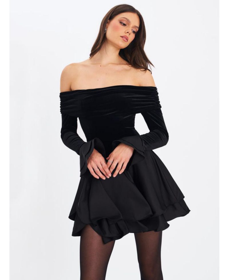Women Magnolia Black Off-Shoulder Layered Satin Mini Dress