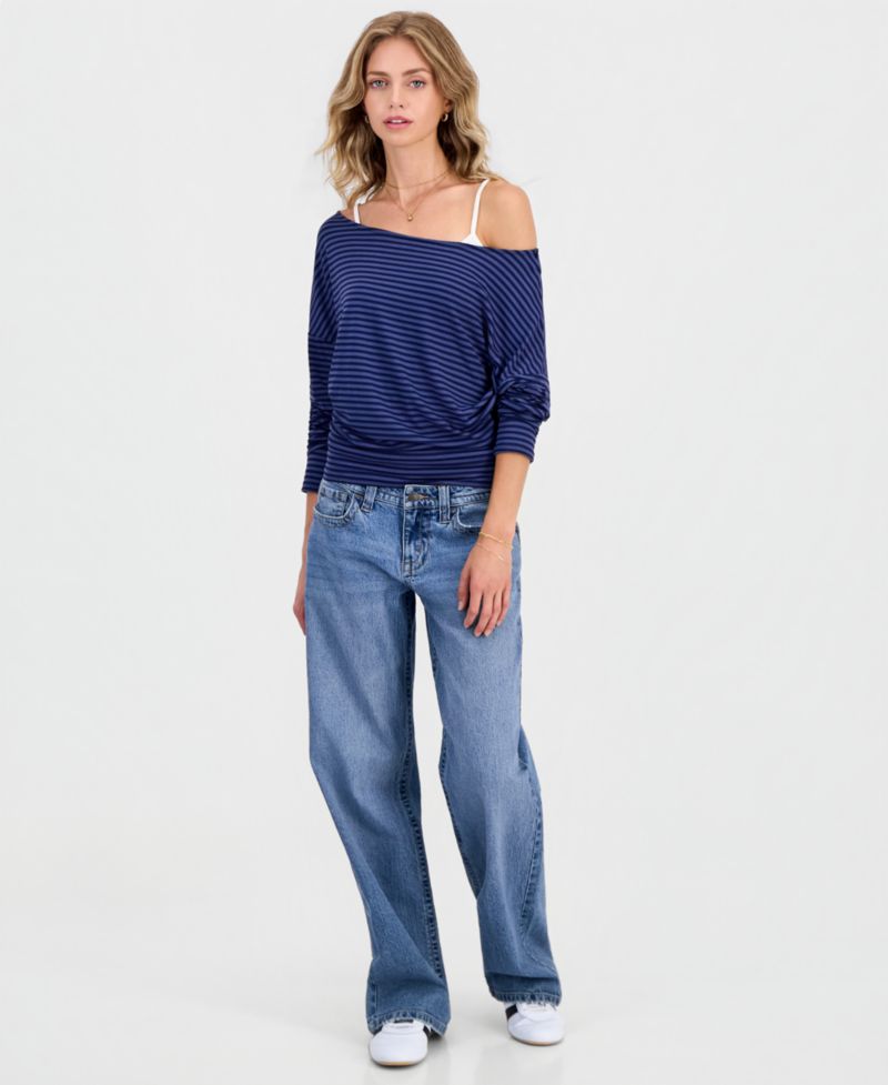 Juniors' Striped Layered-Look Dolman-Sleeve Top