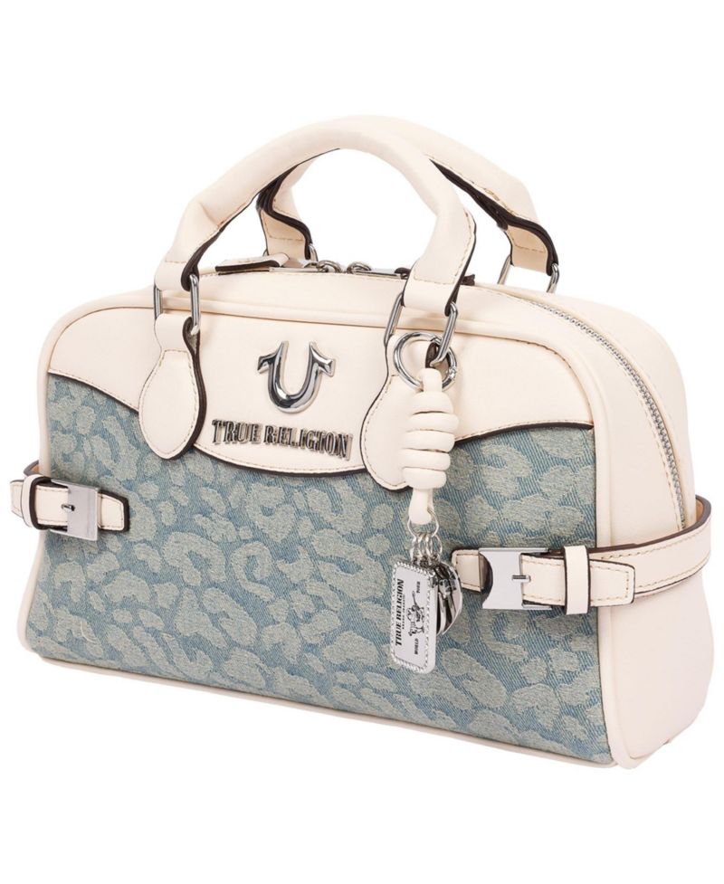 Brooks Leopard Denim Belted Satchel with Horseshoe Charm and Detachable Crossbody Strap