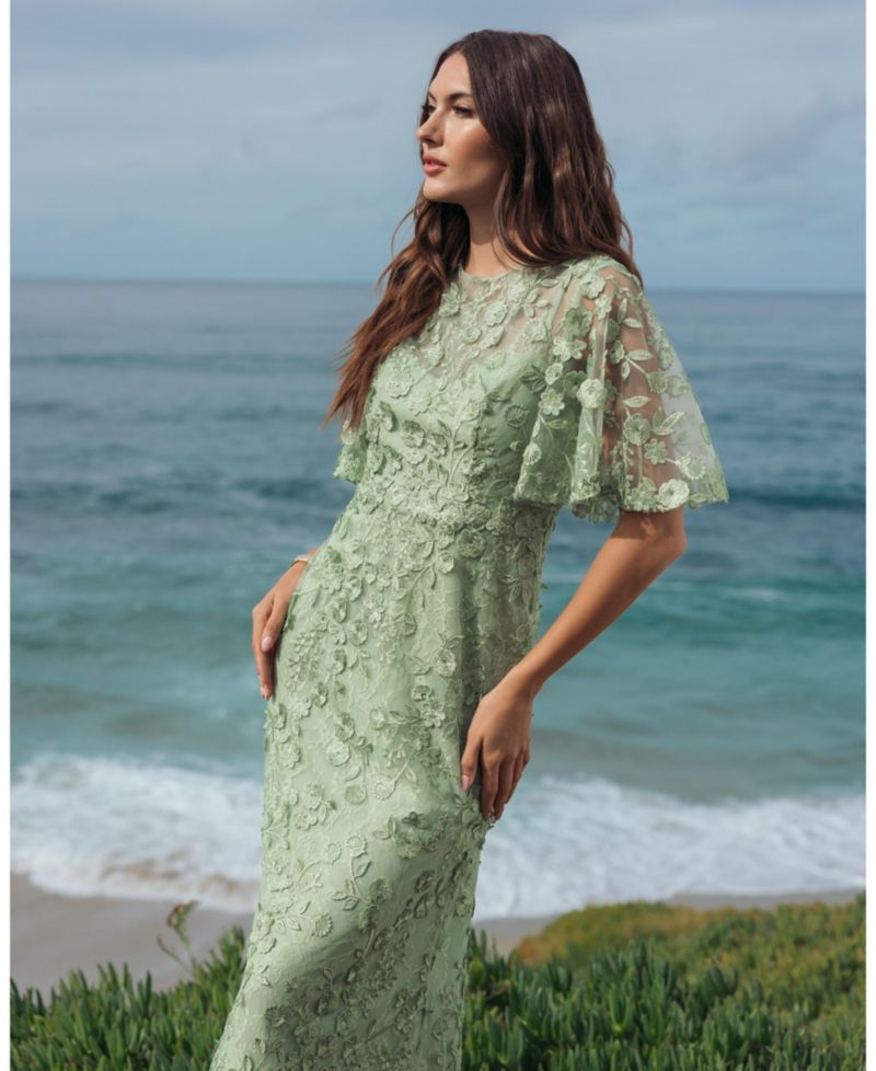 Women's Flutter Sleeve Floral Emboridered Net Gown