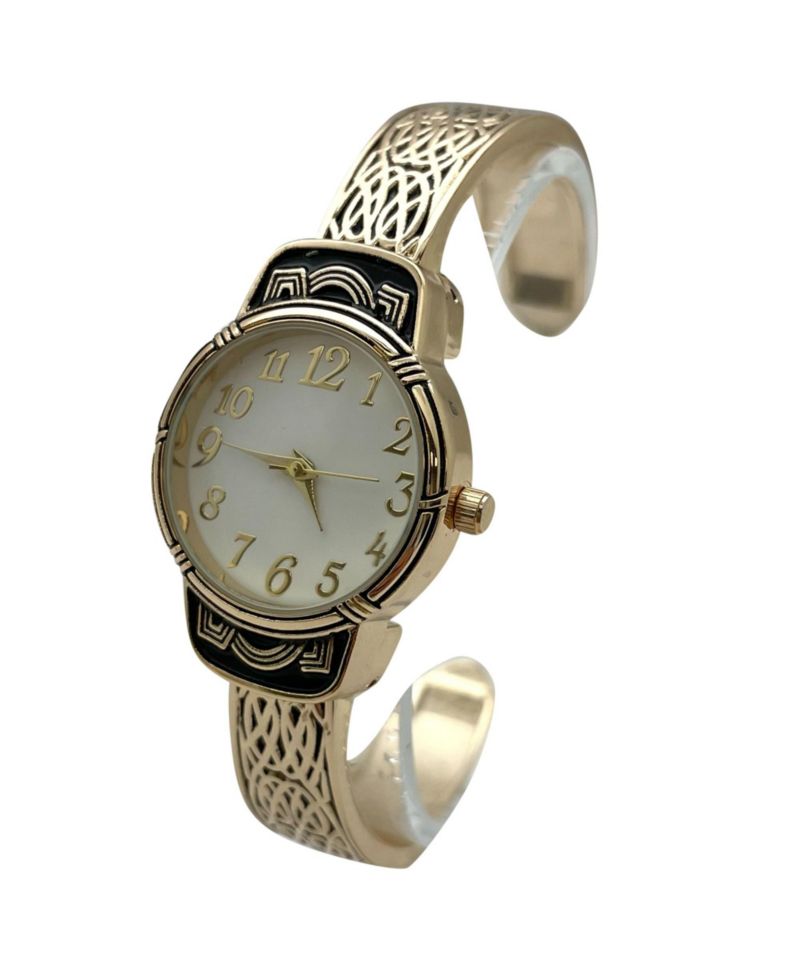 Elegant Metallic and Detailed Round Face Bangle Women Watch, Gold