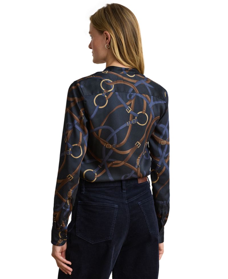Petite Belting-Print Ruffle-Trim Twill Shirt
