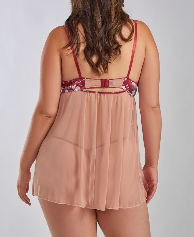 Kia Plus Size Mesh and Smooth Micro Floral Soft Bra Babydoll with Matching Panty, 2 Piece