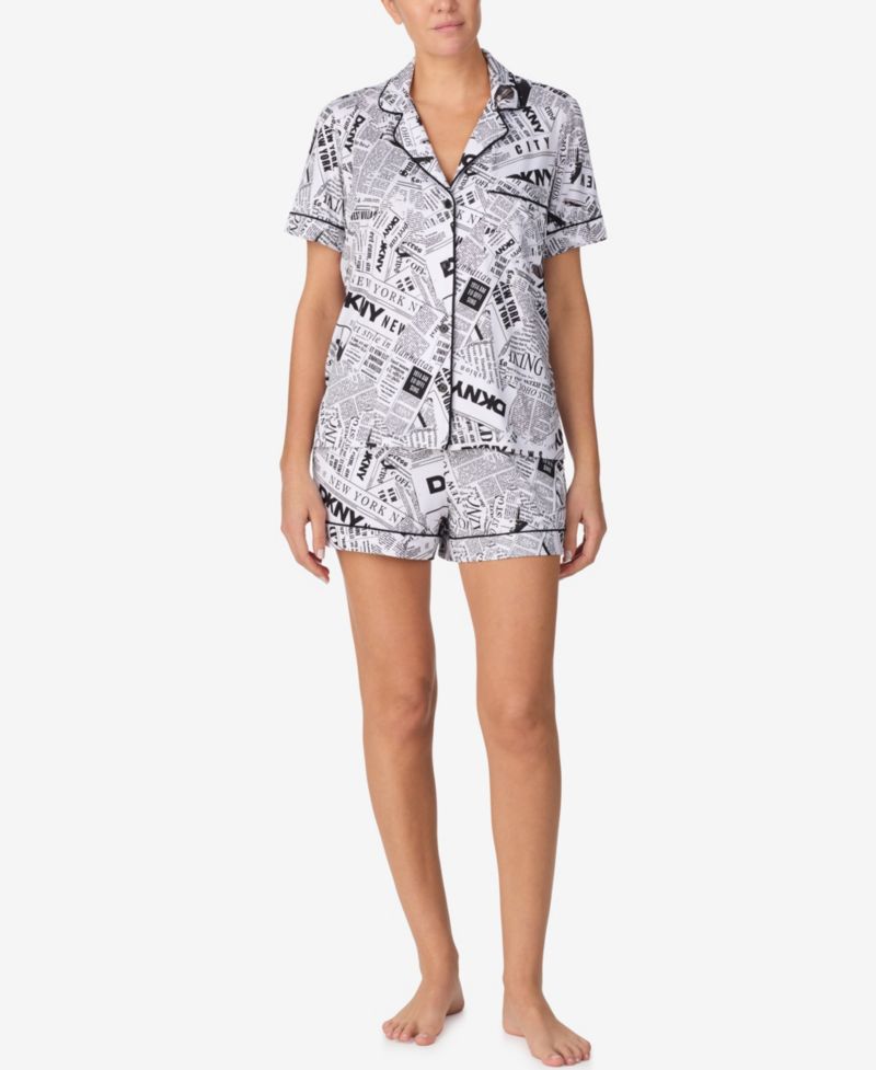 Women's Sleepwear Short-Sleeve Notch Collar Top & Boxers, 2-Piece Set