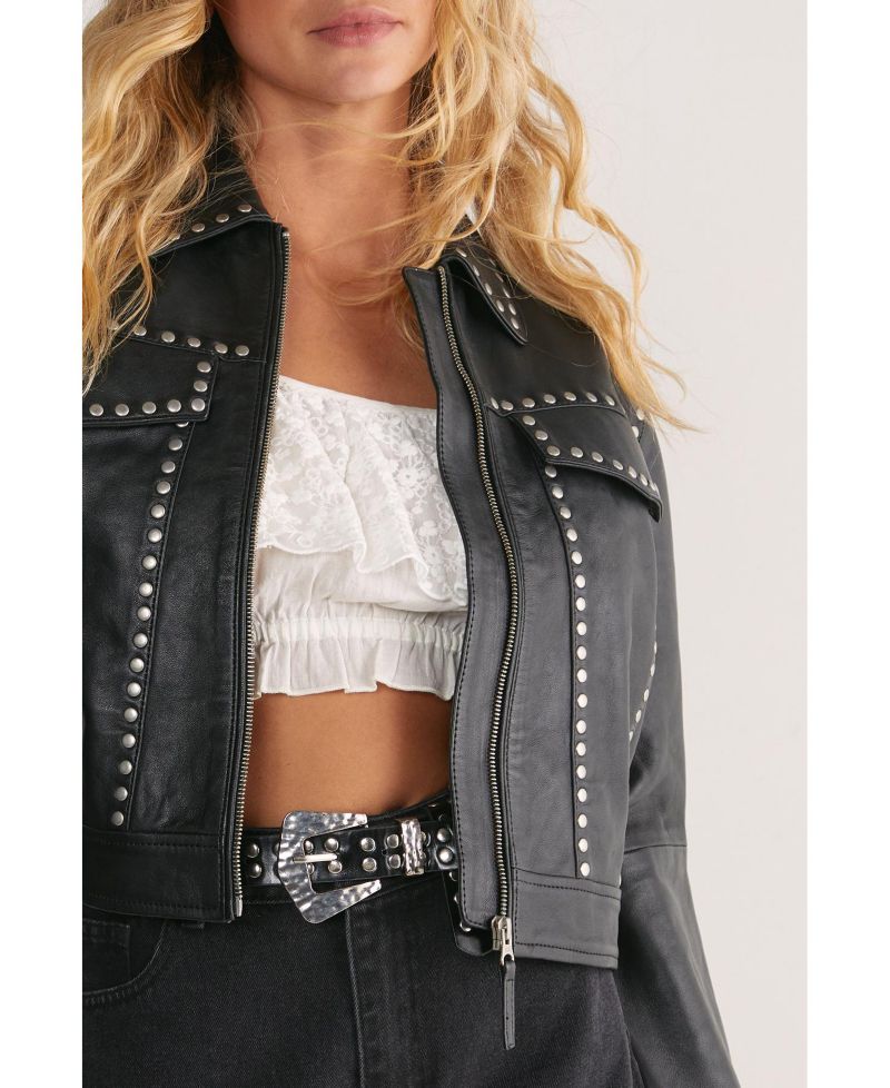 Women's Leather Studded Cropped Jacket