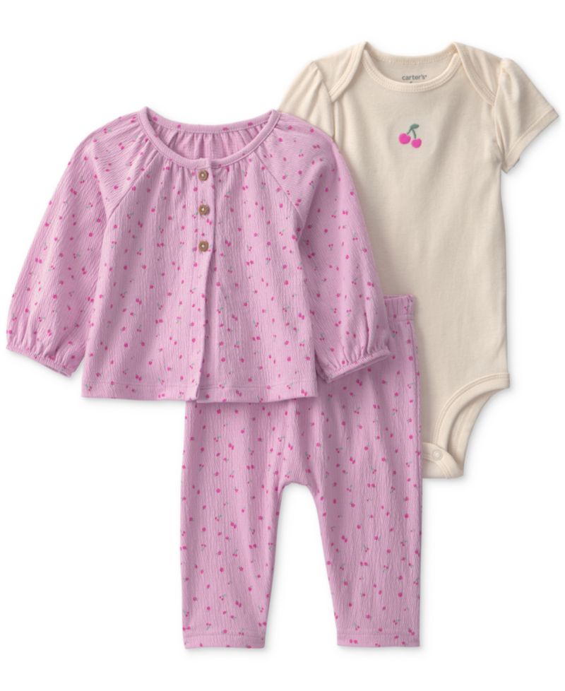 Baby Girls' Cherry Layering Bodysuit, Cardigan and Pants, 3-Piece Set
