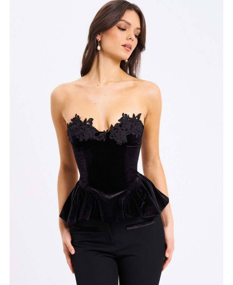 Women's Qiara Black Velvet Peplum Top with Lace Trim