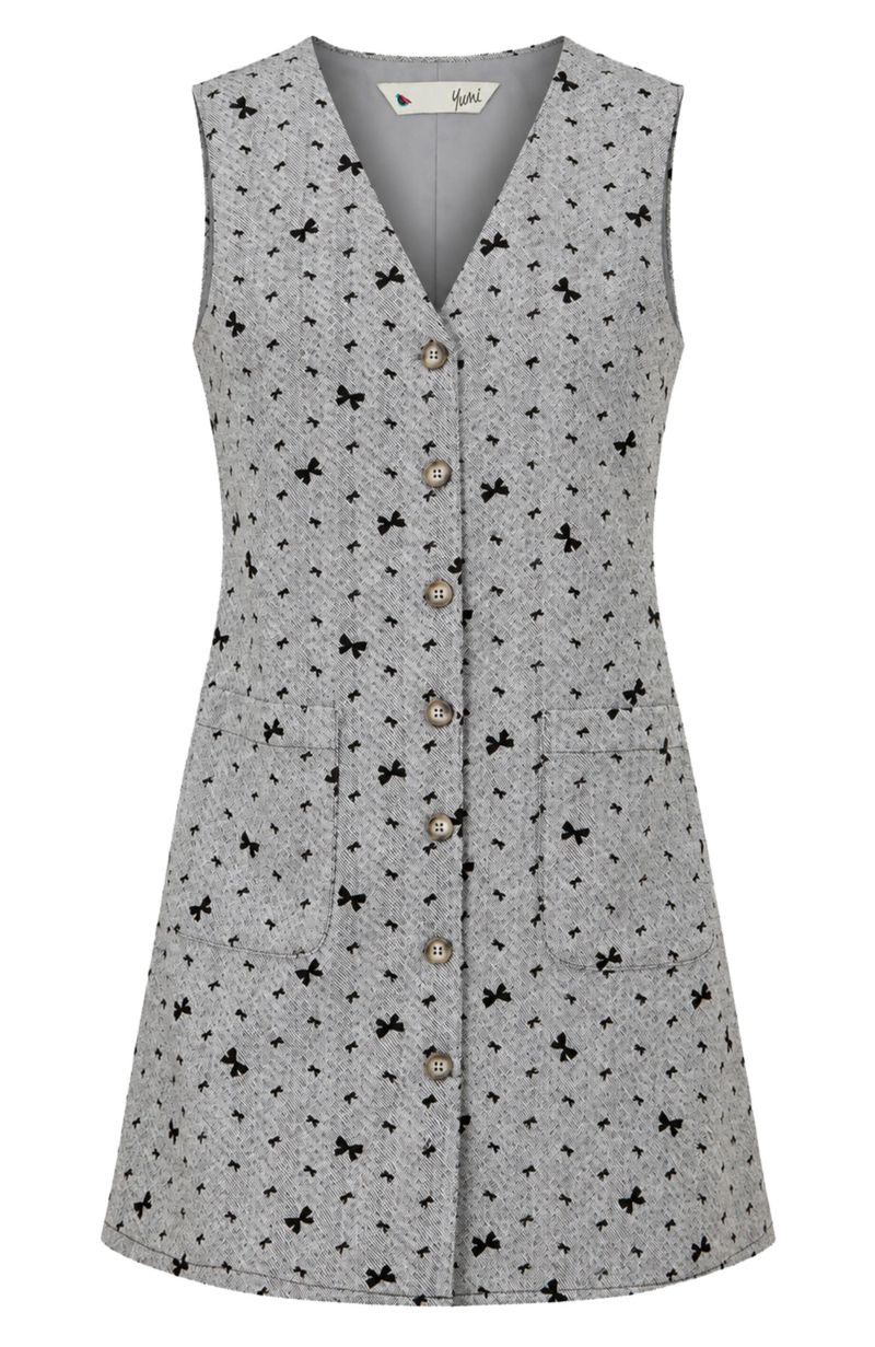 Women's Bow Print Button Up Pinafore Dress