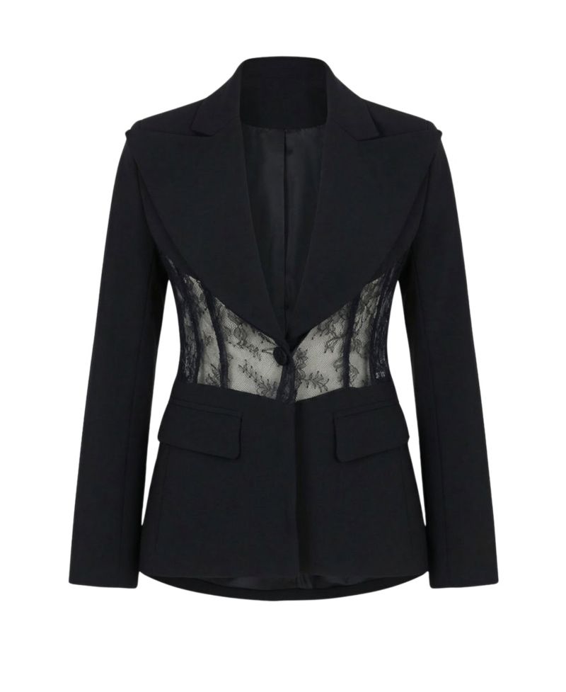 Women's Lace Panel Deep V-Neck Tailored Blazer