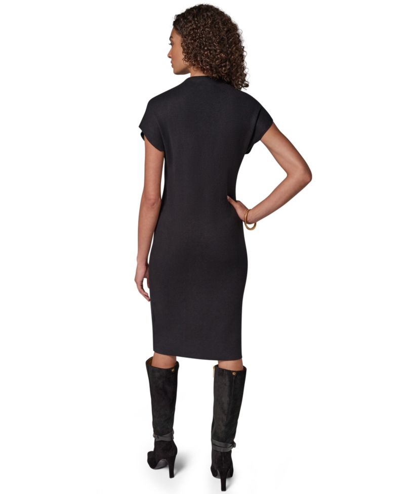 Petite Cap Sleeve Metallic-Print Graphic Midi Sweater Dress