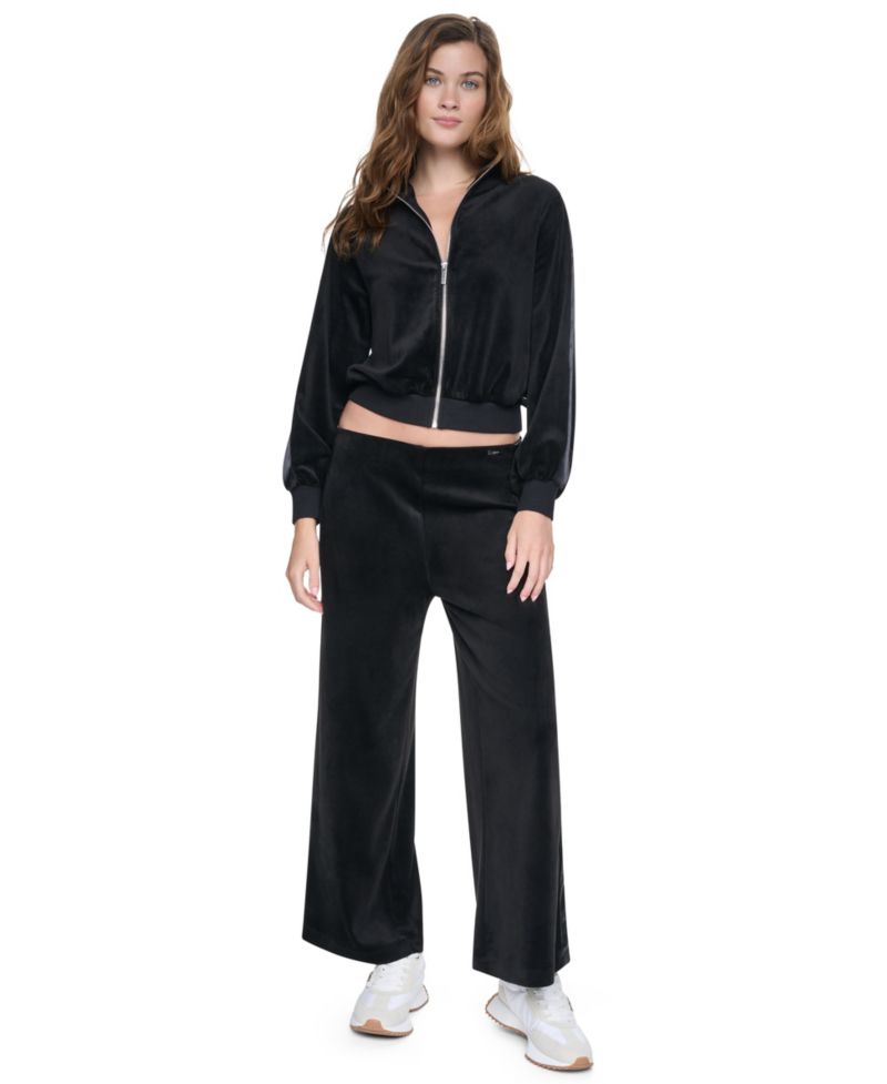 Petite Velour and Satin Trim Mock-Neck Zip-Front Jacket