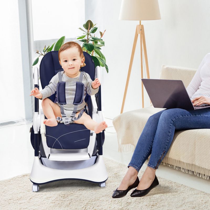 Adjustable Baby High Chair with Lockable Wheels and Tray