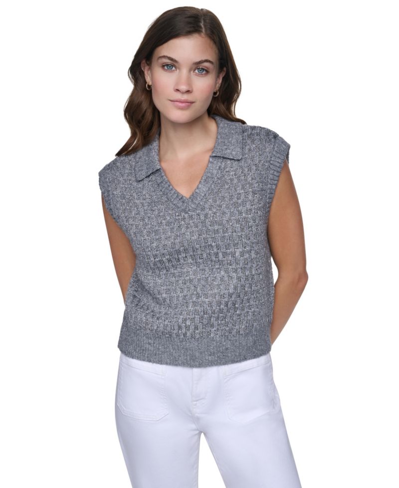 Women's Sleeveless V-Neck Collared Sweater