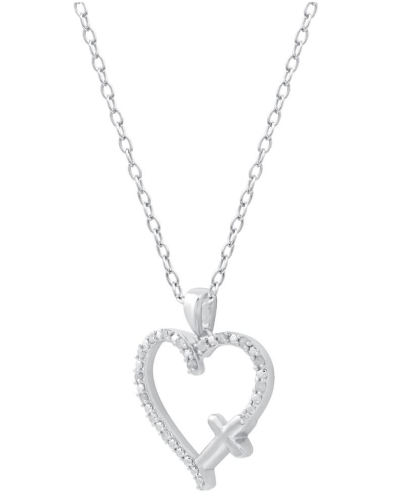 Diamond Heart & Cross 18" Pendant Necklace (1/10 ct. t.w.) in Sterling Silver or Sterling Silver & 14k Gold-Plate