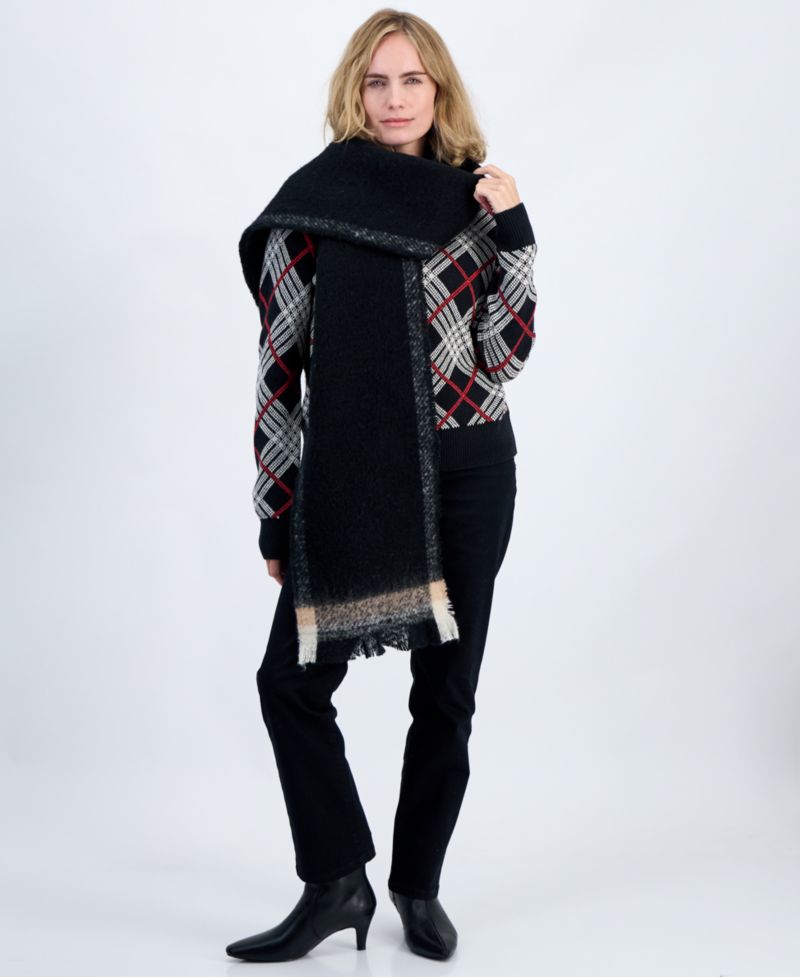 Women's Bordered Blanket Wrap with Short Fringe
