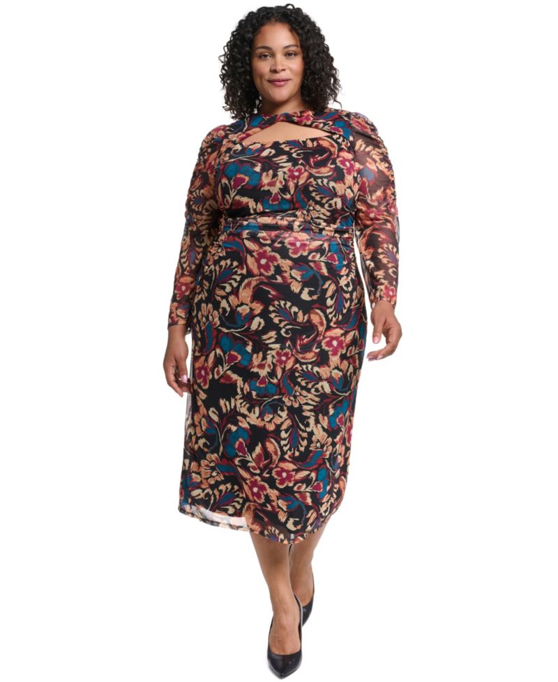 Plus Size Ptd Mesh Twist Neck Body Floral-Print Turtleneck Dress