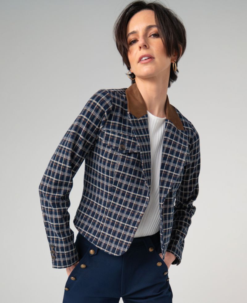 Women's Stretch Plaid Unlined Cropped Blazer