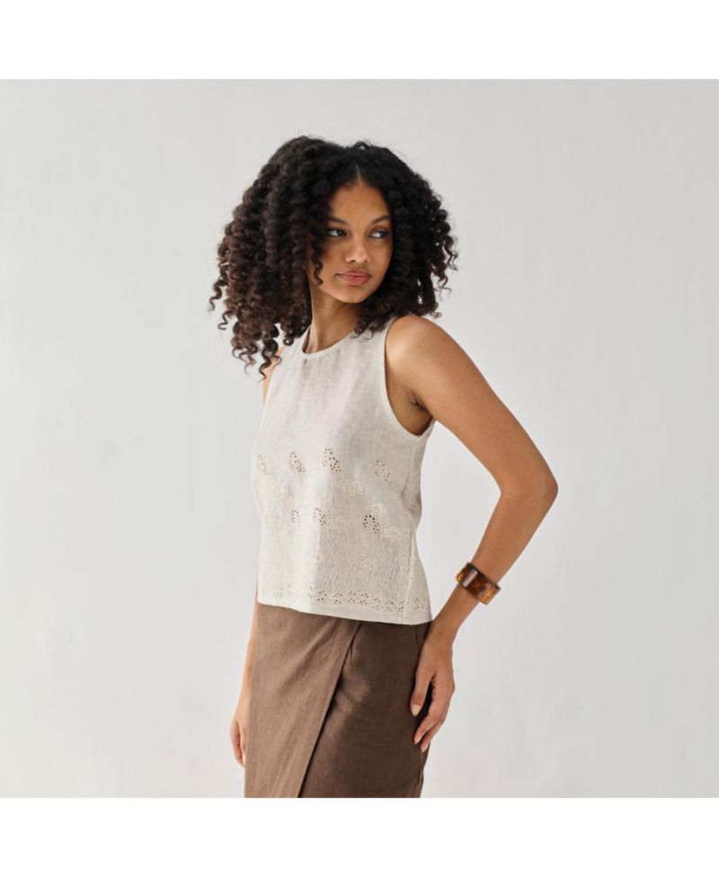 Women's Checkered Linen Embroidered Button-Back Top