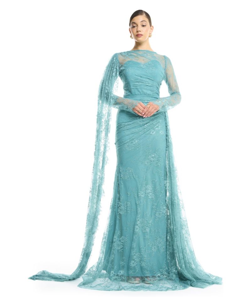 Women's High Neck Lace Sheath Gown with Cape Sleeve