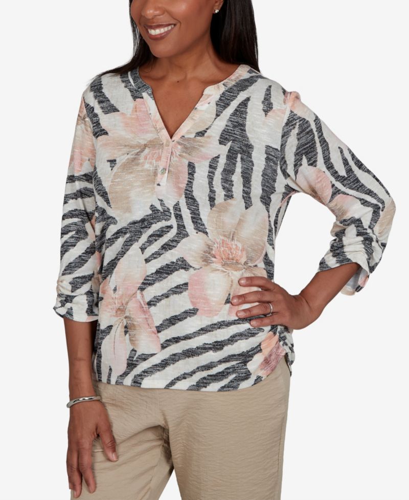 Petite Travel Advisory Animal-Floral Print 3/4-Sleeve Henley Top