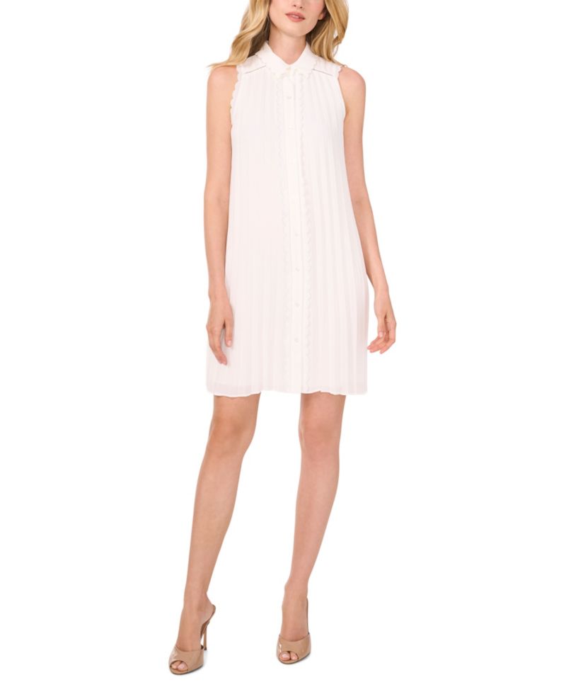 Women's Sleeveless Scalloped Pleated Button-Down Dress