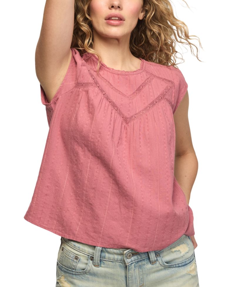 Women's Crewneck Lace Yoke Flutter Top