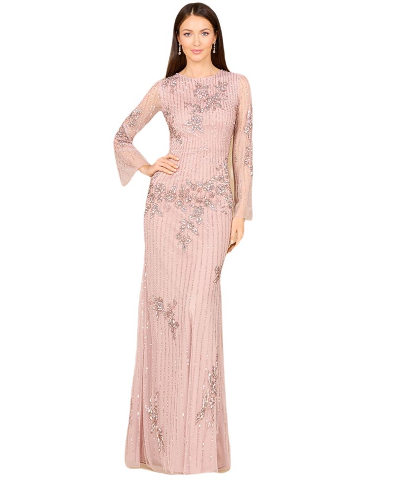Women's Long Sleeve, High Neck Beaded Gown - OUTLET