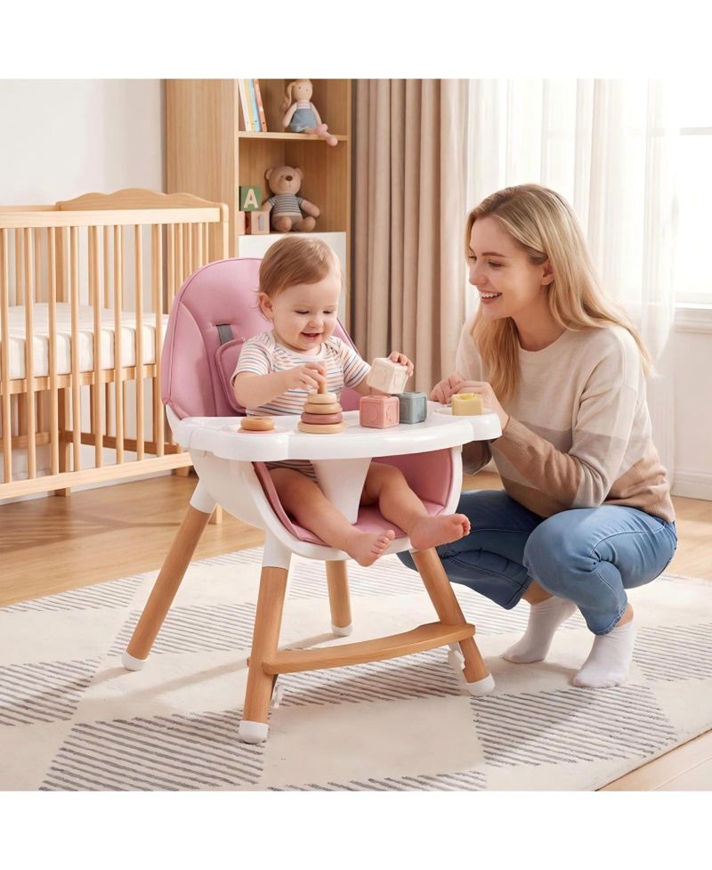 Wooden Baby High Chair with Dishwasher-Safe Tray and 5-Point Harness
