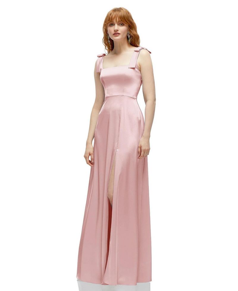 Women's Square Neck Fluid Satin Maxi Dress with Bow Straps