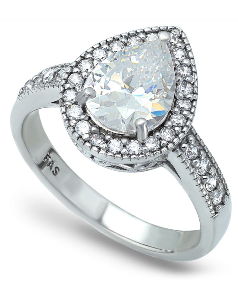 Cubic Zirconia Pear Halo Ring in Silver Plate