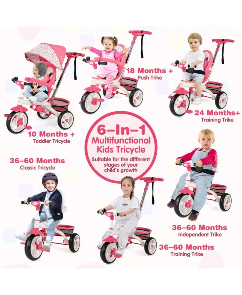 Toddler Tricycle Stroller 6-in-1 Push Trike w/ Removable 5-Position Canopy
