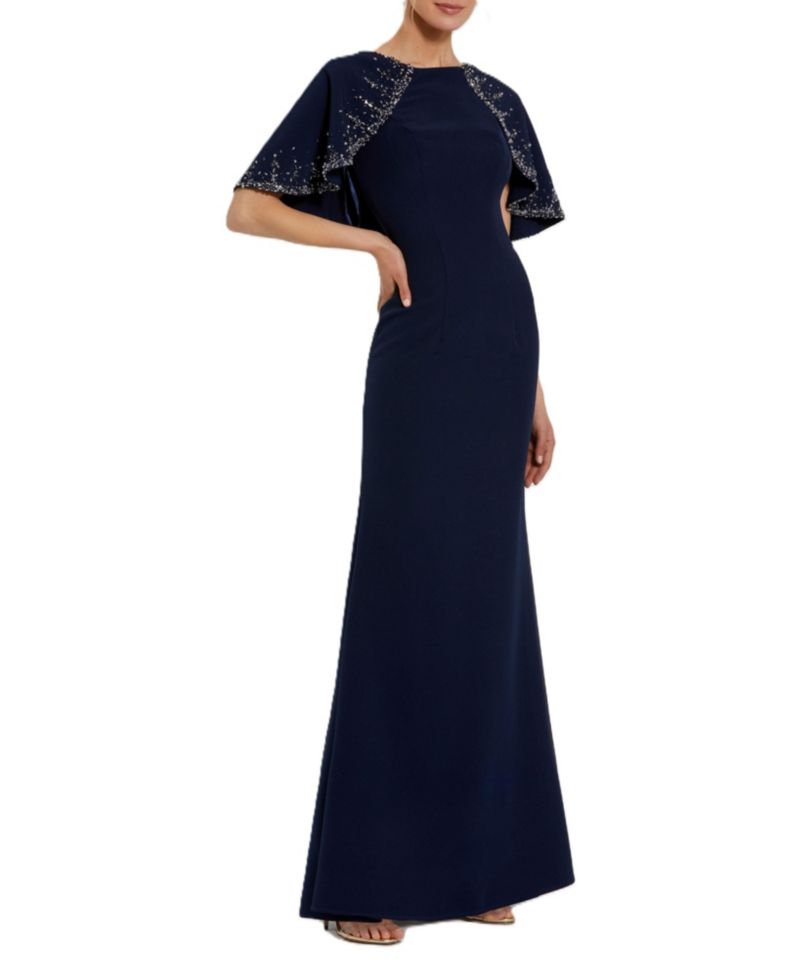 Women's Crepe High Neck Fitted Gown With Beaded Shawl