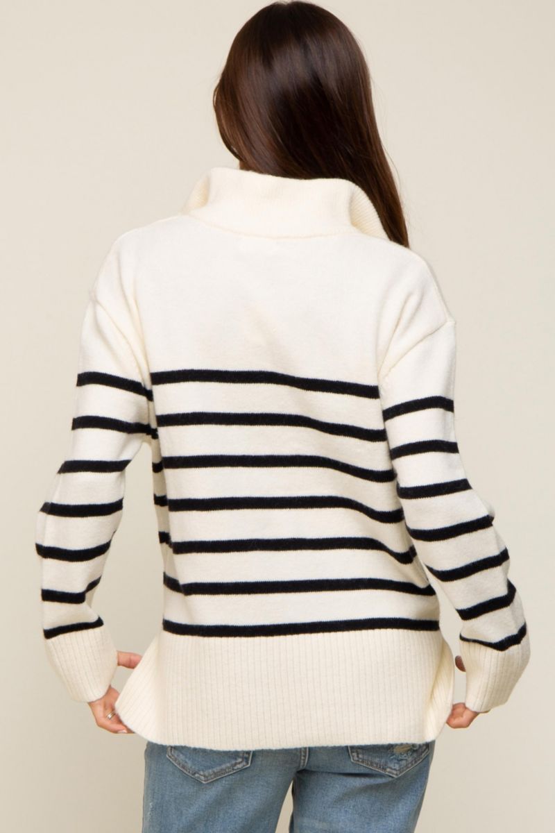 Women's Ivory Striped Half Zip Sweater