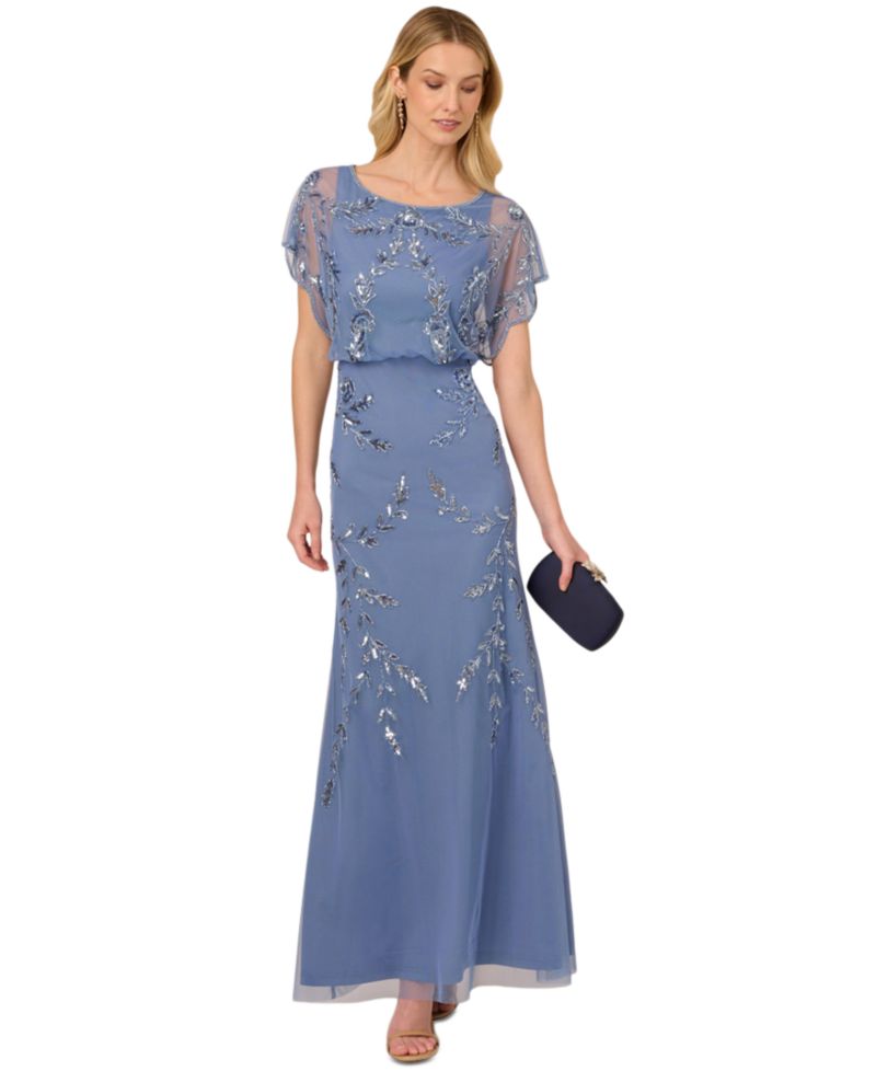 Women's Beaded Flutter-Sleeve Blouson Gown