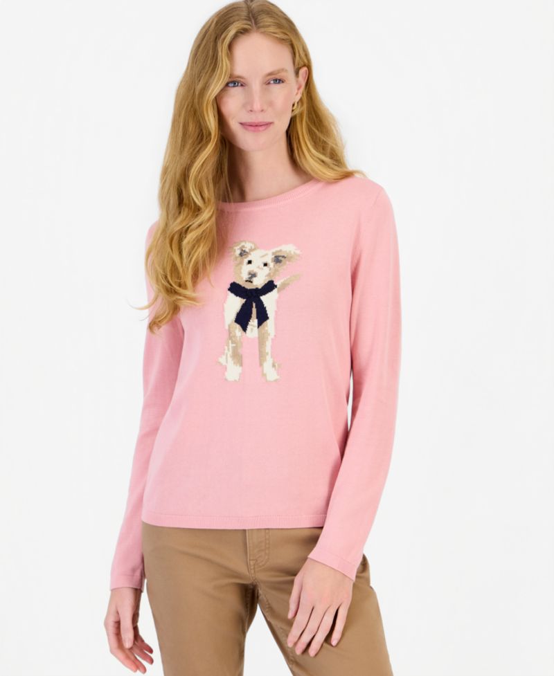 Women's Intarsia Dog Cotton Crewneck Sweater