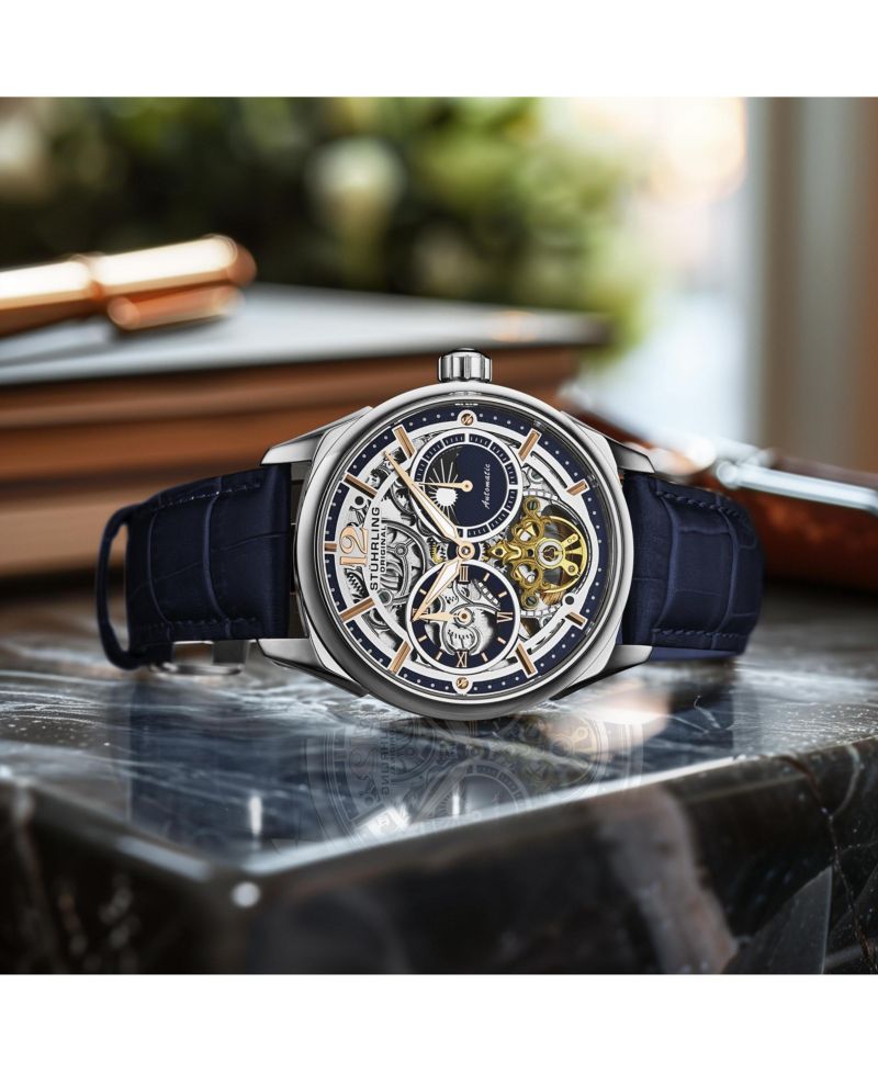 Vanguard 1019.02 Legacy Collection Dual Time Automatic Skeleton Watch 42mm Stainless Steel Blue Dial Leather Strap