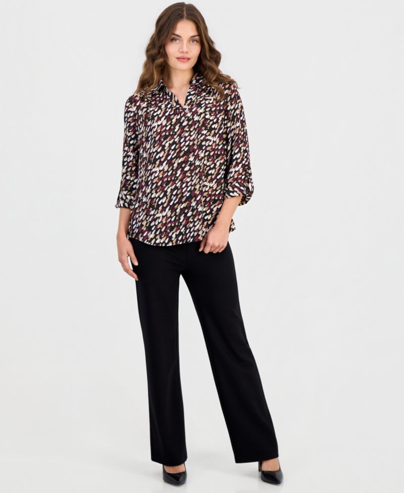 Petite V-Neck Collar 3/4-Length Roll-Tab Sleeves Blouse