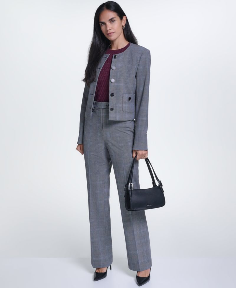 Women's Cropped Plaid Collarless Jacket