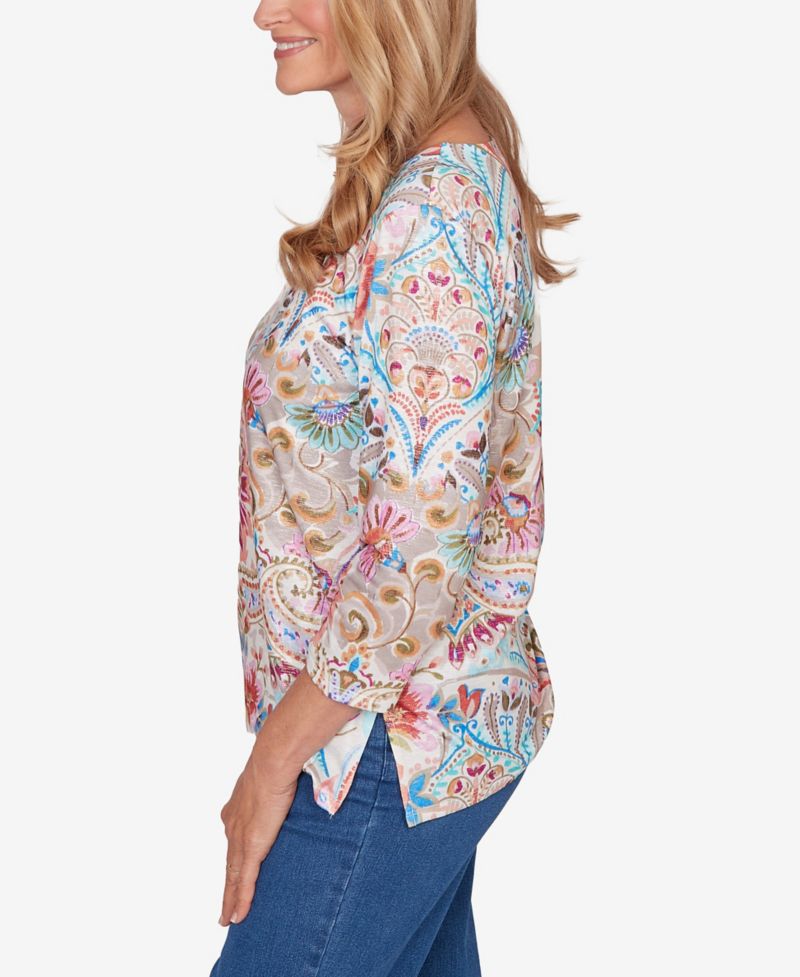 Women's Classic Paisley Floral Pleated Neck Top