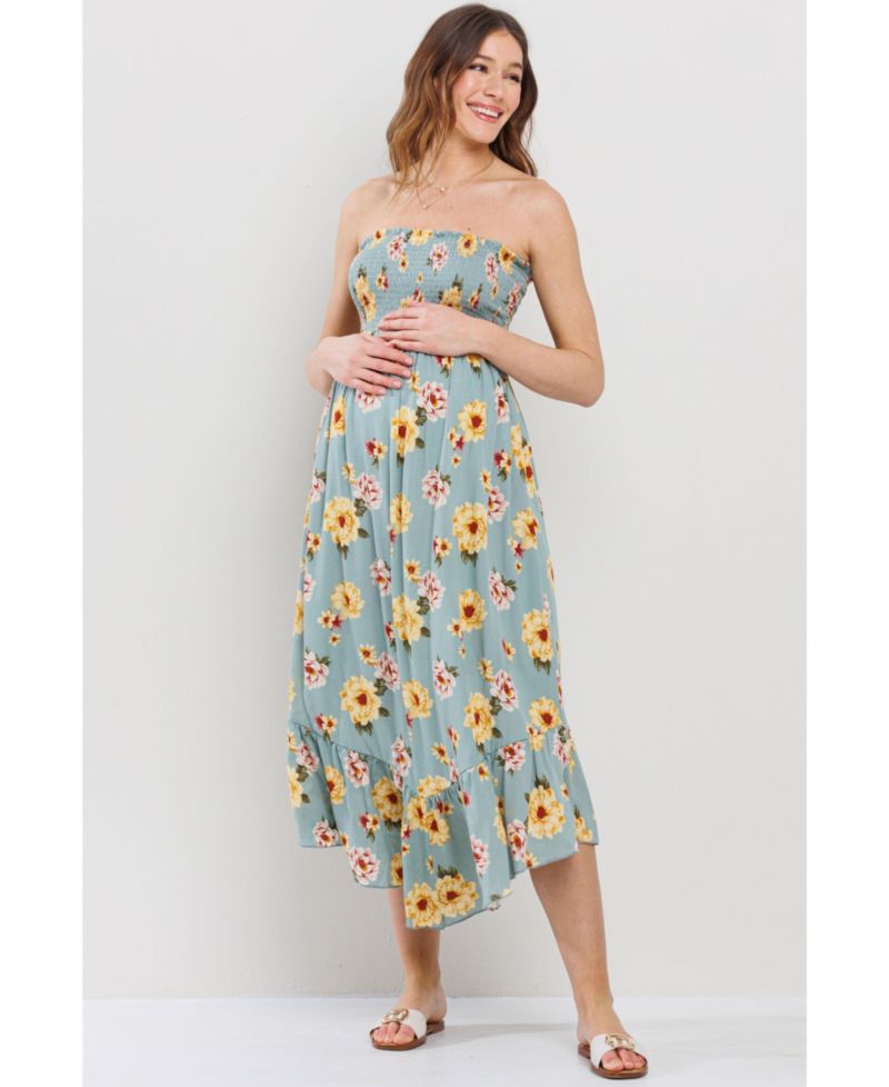 Maternity Floral Smocked Strapless Midi Dress