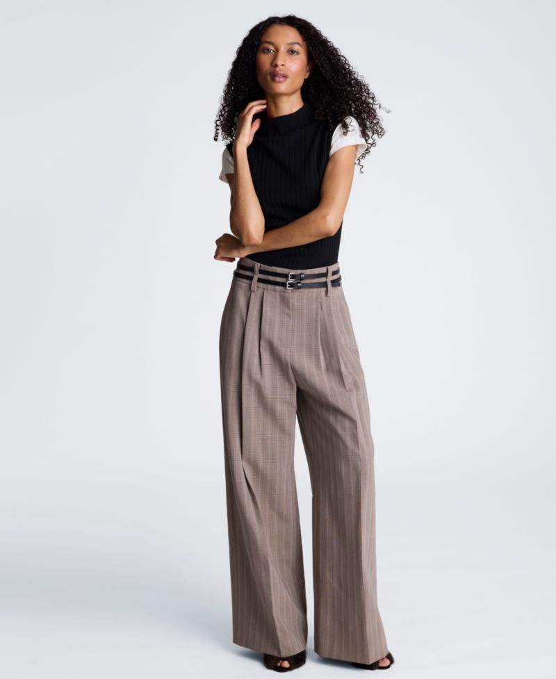 Women's High-Rise Double-Belt Pleated Wide-Leg Pants
