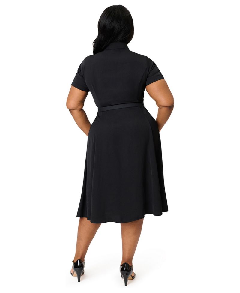 Plus Size 1940s Rhinestone Collared Midi Shirt Dress