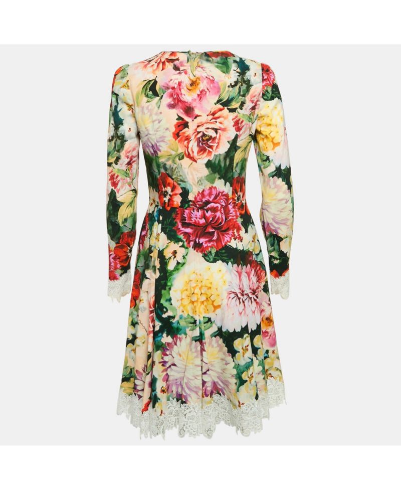 Women's Pre-Owned Dolce and Gabbana Pink Floral Print Crepe Lace Trim Short Dress