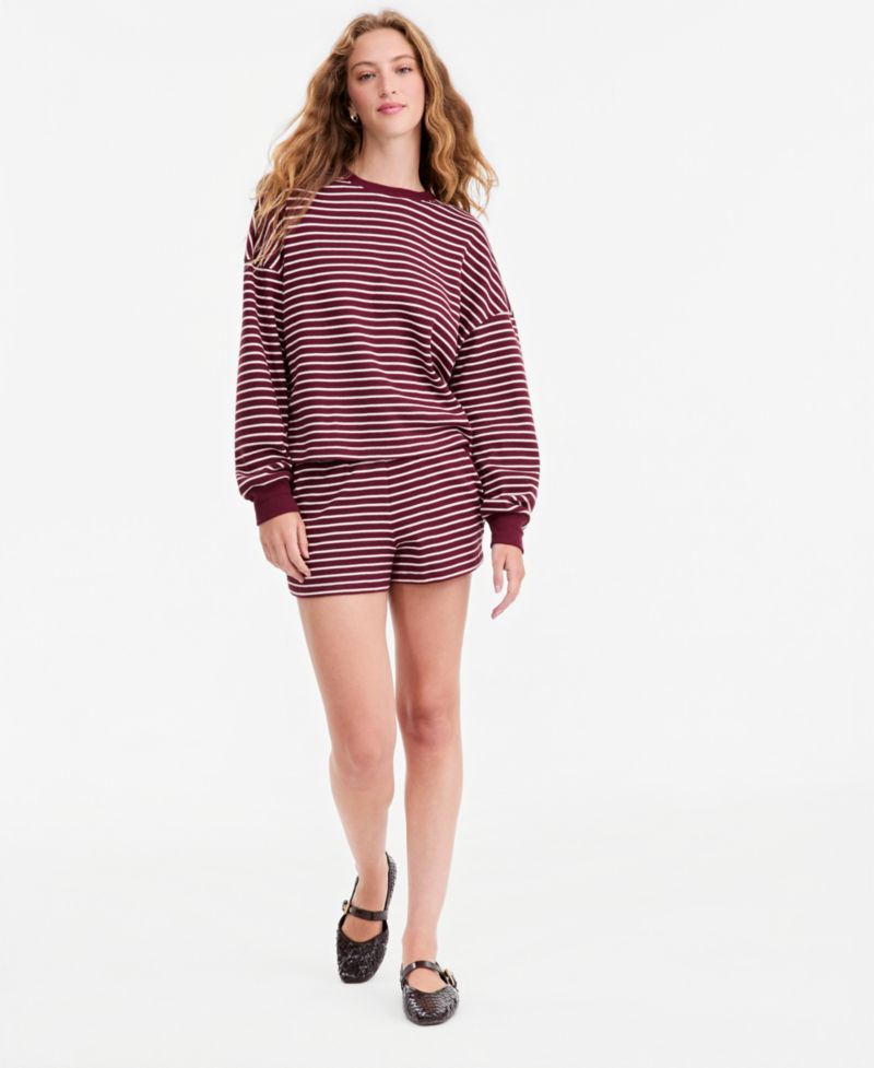 Women's Stripe Lounge Crew Waffle-Knit Crewneck Pullover Sweater