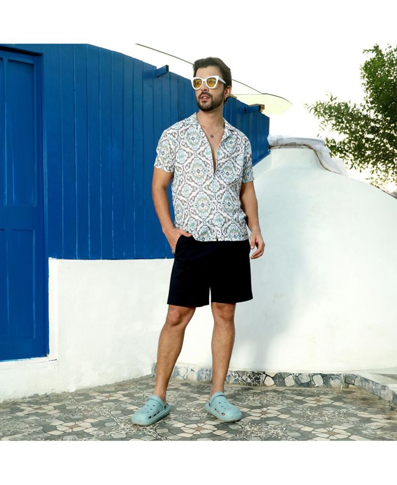 Men's Ivory White & Sage Green Ikkat Shirt